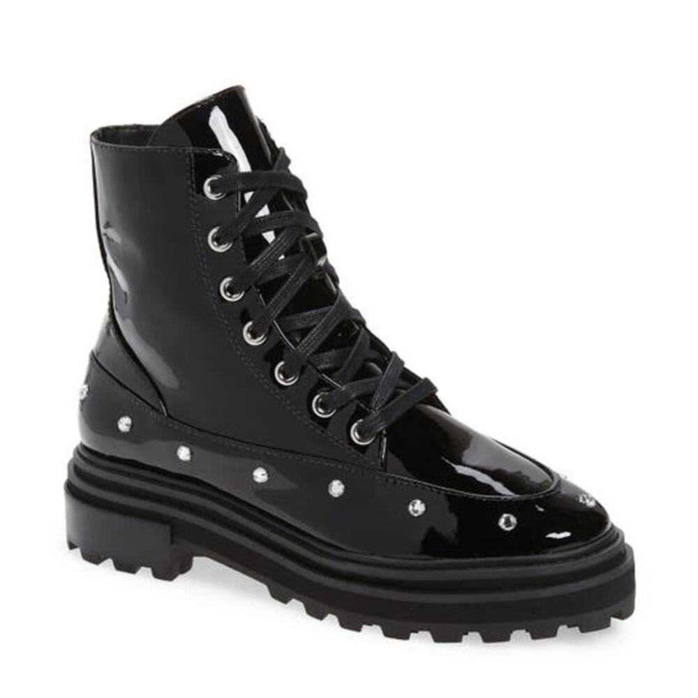Schutz Abeli Patent Leather Combat Boot Black Chunky Lug Sole Size 7.5 $198